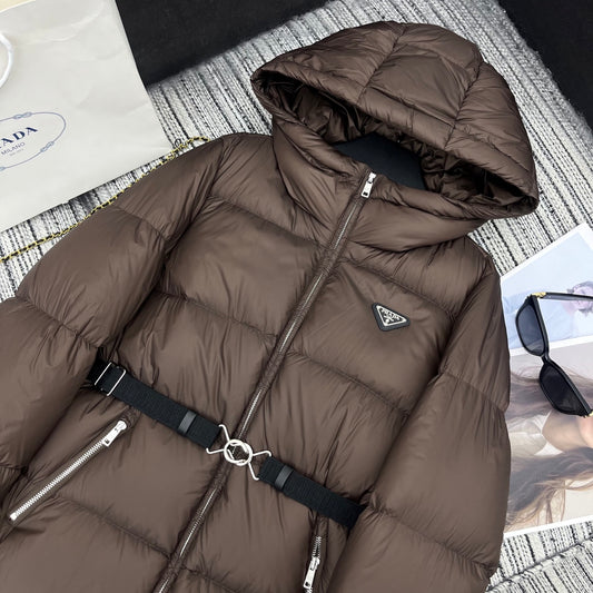 Hooded mid-length down jacket