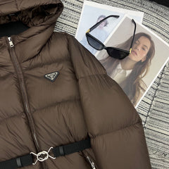 Hooded mid-length down jacket