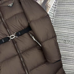 Hooded mid-length down jacket