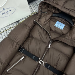 Hooded mid-length down jacket