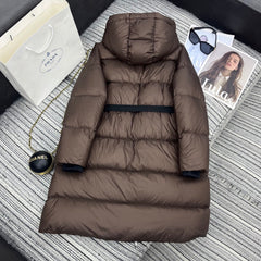 Hooded mid-length down jacket