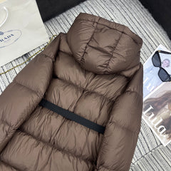 Hooded mid-length down jacket
