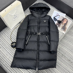 Hooded mid-length down jacket