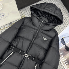Hooded mid-length down jacket