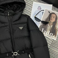 Hooded mid-length down jacket