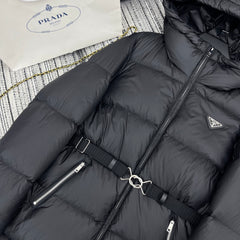 Hooded mid-length down jacket