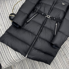 Hooded mid-length down jacket