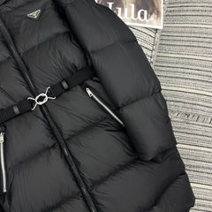 Hooded mid-length down jacket