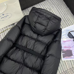 Hooded mid-length down jacket