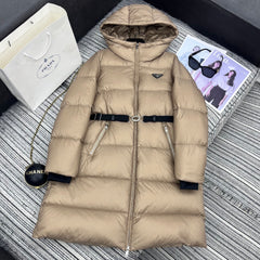 Hooded mid-length down jacket