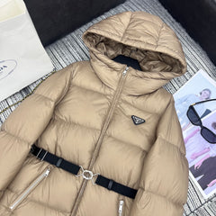Hooded mid-length down jacket