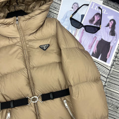 Hooded mid-length down jacket