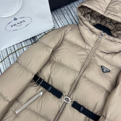 Hooded mid-length down jacket