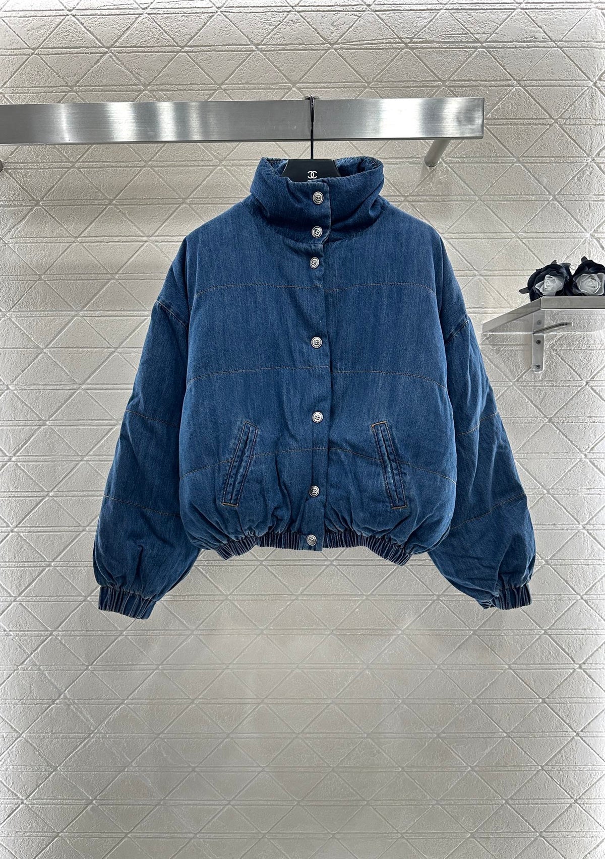 Denim Stand-Collar Snap-Button Down Jacket