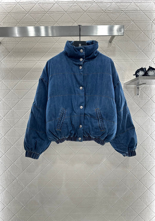 Denim Stand-Collar Snap-Button Down Jacket
