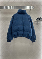 Denim Stand-Collar Snap-Button Down Jacket
