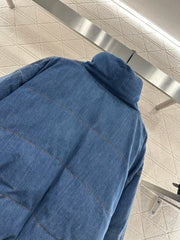 Denim Stand-Collar Snap-Button Down Jacket