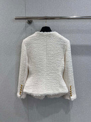 Gold-buttoned, slim-fit cropped tweed jacket.