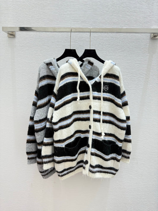 Hooded drawstring striped knitted long-sleeved cardigan
