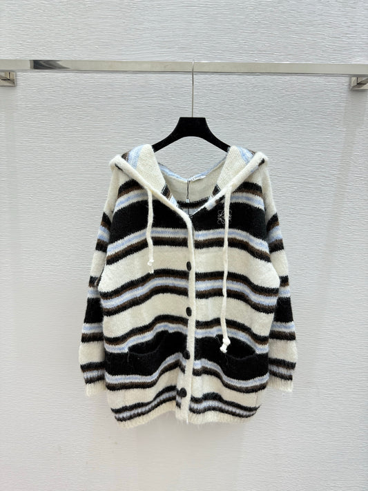 Hooded drawstring striped knitted long-sleeved cardigan