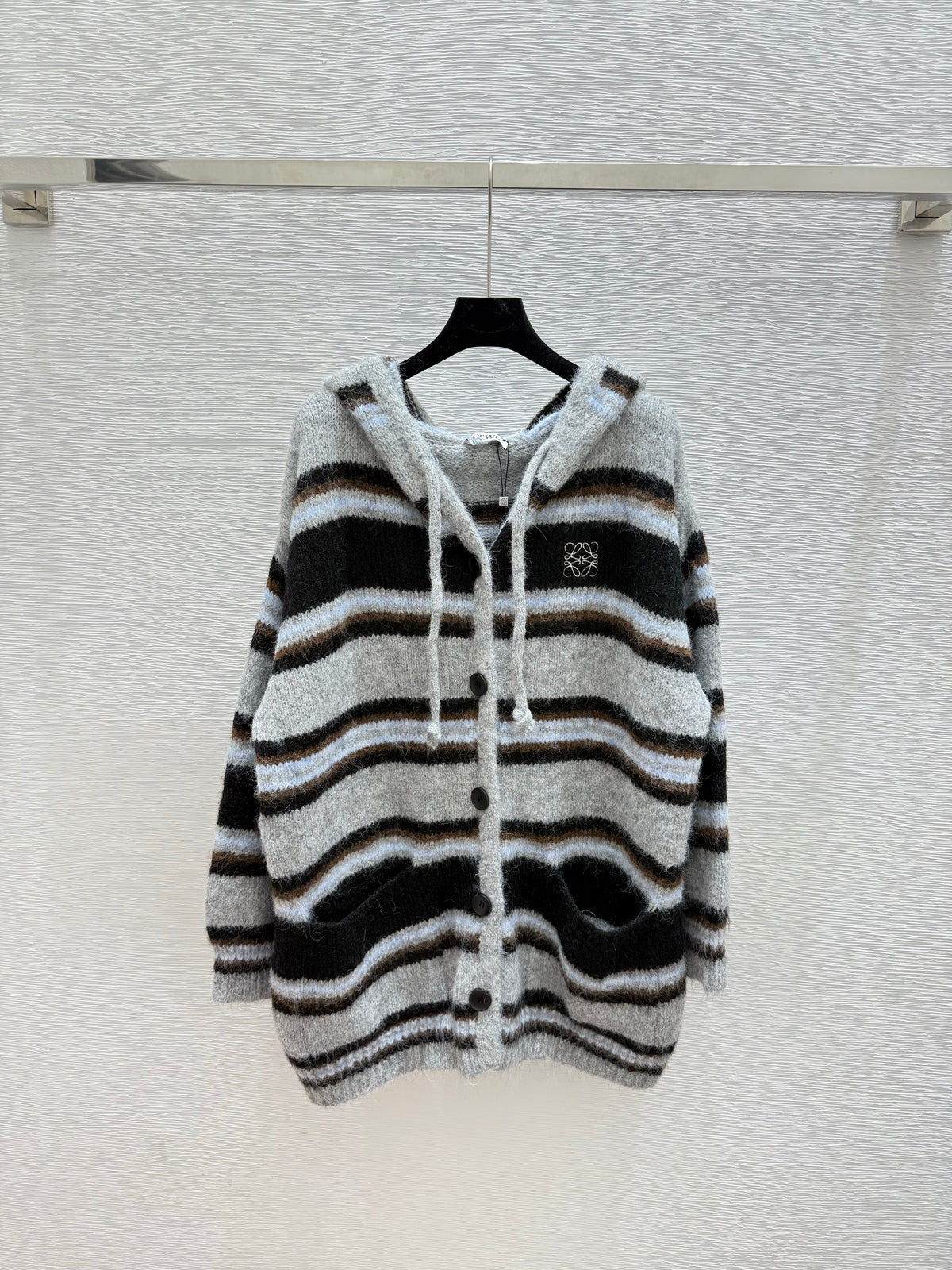 Hooded drawstring striped knitted long-sleeved cardigan