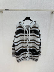 Hooded drawstring striped knitted long-sleeved cardigan