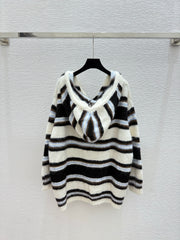 Hooded drawstring striped knitted long-sleeved cardigan