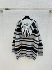Hooded drawstring striped knitted long-sleeved cardigan