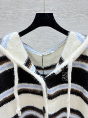 Hooded drawstring striped knitted long-sleeved cardigan