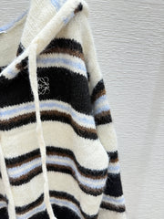 Hooded drawstring striped knitted long-sleeved cardigan