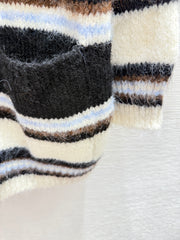 Hooded drawstring striped knitted long-sleeved cardigan