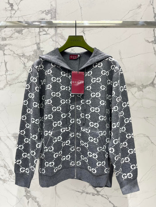 Reversible hooded zip-up knit cardigan
