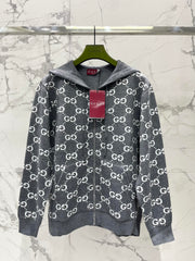 Reversible hooded zip-up knit cardigan
