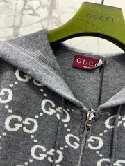 Reversible hooded zip-up knit cardigan