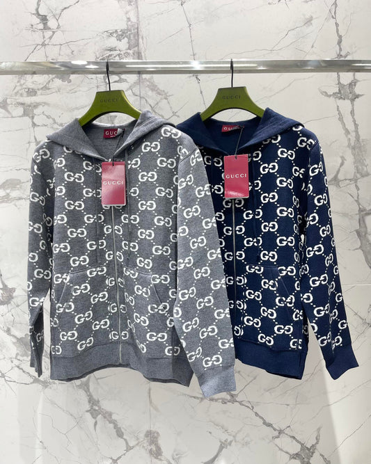 Reversible hooded zip-up knit cardigan