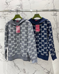 Reversible hooded zip-up knit cardigan
