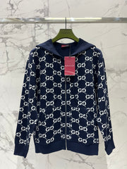 Reversible hooded zip-up knit cardigan