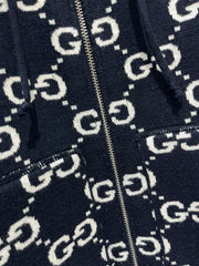 Reversible hooded zip-up knit cardigan