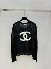 Solid color hollow crew neck knit long sleeves