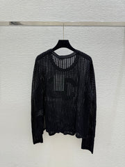 Solid color hollow crew neck knit long sleeves