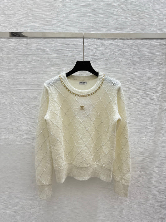 Diamond chain crewneck knit long-sleeved top