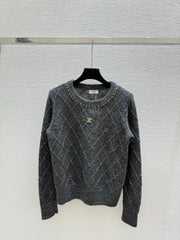 Diamond chain crewneck knit long-sleeved top