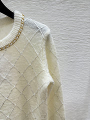Diamond chain crewneck knit long-sleeved top