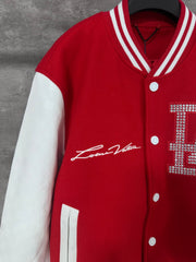 Pearl Faux Leather Sleeve Baseball Jacket