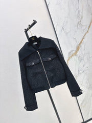 Woven Silver Silk Zippered Dress Jacket