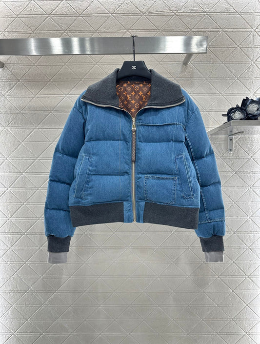 Denim Lapel Zip-Up Jacket Down Jacket