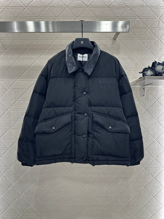 Leather-trimmed lapel down jacket