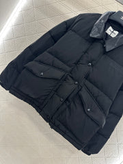 Leather-trimmed lapel down jacket