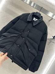 Leather-trimmed lapel down jacket