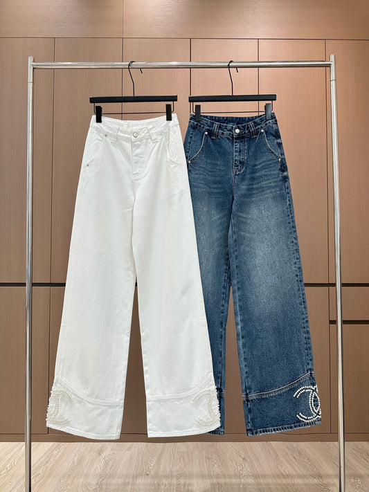 Handmade pearl-embellished jeans